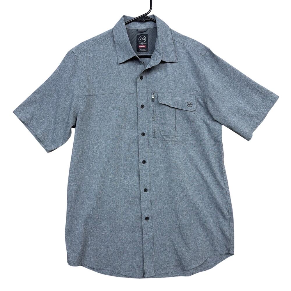 Wrangler ATG Men Shirt Gray Button Down Short Sleeve Zip Pocket Vented Stretch M